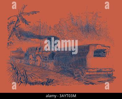 Eine alte Dampflokomotive schlängelt sich über eine gewundene Strecke und weht Rauch, während sie durch eine üppige, bewaldete Landschaft fährt. Die Szene fängt das Wesen einer Ära ein, in der der Schienenverkehr ein wichtiger Verkehrsträger war und Abenteuer und Industrie in abgelegene Gegenden brachte. Iron Car Battery on the Philadelphia Railway 1861 Railroad Battery die Entschlossenheit der Bundesregierung, die Brücken auf der Philadelphia Wilmington and Baltimore Railroad zu rekonstruieren, die von einem Mob aus Baltimore zerstört wurden, führte zum Bau einer Railroad Battery durch die Bundesregierung in den Lokomotivwerken von Stockfoto