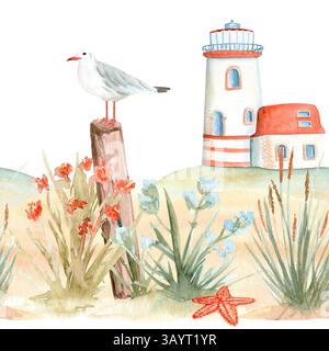 Leuchtturm, Möwe, wildes Gras, Seesterne-Aquarelle nahtlose Grenze isoliert auf weiß. Handgemaltes Clipart, perfekt für Karten, Banner, Textil, Buch Stockfoto