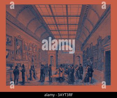 Eine belebte Kunstgalerie voller elegant gekleideter Besucher, die verschiedene Gemälde und Skulpturen an den Wänden bewundern und eine Atmosphäre der Kultur und Wertschätzung für die Kunst vermitteln. Die Architektur verfügt über große Bögen und ein weitläufiges Oberlicht, das das gesamte Ambiente unterstreicht. Das Innere des Museums, Nottingham Castle, klassische britische Kunst mit einem modernen Touch, der von Artotop neu gestaltet wurde Stockfoto