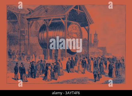 Eine geschäftige Szene, die ein großes Fass darstellt, das vor einem großen Gebäude sichtbar ist, umgeben von einer Menge elegant gekleideter Menschen, die auf ein festliches Ereignis oder eine Feier hinweisen. Die Architektur zeichnet sich durch komplexe Details aus, die die lebhafte Atmosphäre unterstreichen. Die Pariser Ausstellung — in der ungarischen Sektion, Frankreich Klassische Kunst mit modernem Touch, neu interpretiert von Artotop Stockfoto