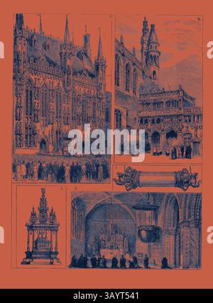 Eine Sammlung komplizierter architektonischer Illustrationen, die historische Gebäude, dekorative Elemente und Innendesigns zeigen. Die Szenen zeigen detaillierte Fassaden, kunstvolle Skulpturen und eine elegante Kapellensetzung, die die Pracht vergangener Epochen hervorheben. Das Festival des Heiligen Blutes in Brügge, Belgien. Zeremonie des Segens des Volkes und der Ausstellung des Heiligen Blutes, vor dem Hotel-de-Ville., 2. Die Kapelle des Heiligen Basilius oder des Heiligen Blutes., 3. Das Innere der Kapelle St. Basilius.-4. Das Heiligtum des Heiligen Blutes.-5. Reliquien, die das Heilige Blut enthalten. Klassische Kunst mit modernem Touch Stockfoto