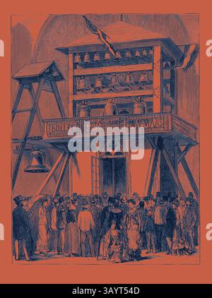 Ein großer Glockenturm steht deutlich sichtbar, umgeben von einer hektischen Menschenmenge. Die Leute versammeln sich an der Basis und blicken auf die mit Spruchbändern geschmückte Struktur. Die Atmosphäre ist lebhaft, mit einem Gefühl der Vorfreude, während die Zuschauer die oben gezeigten Glocken bewundern. Die Carillons, die Pariser Ausstellung, Frankreich Klassische Kunst mit einem modernen Touch, neu gestaltet von Artotop Stockfoto