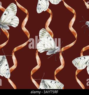 Nahtloses Muster mit Schmetterlingen und roten Bändern. Handgezeichnete Aquarellillustration. Für Grußkarten zum Muttertag, Geburtstag, Geschenkpapier, Wallpa Stockfoto