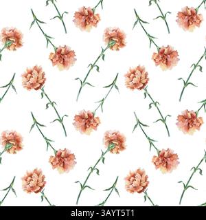 Nahtloses Muster der roten Nelken. Handgezeichnete Aquarellillustration isoliert auf weiß. Für Grußkarten zum Muttertag, Geburtstag, Geschenkpapier, W Stockfoto