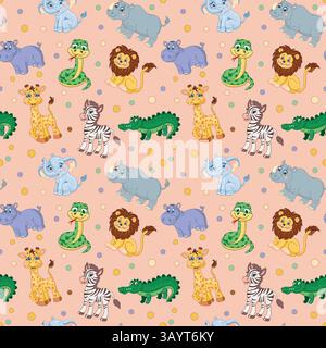 Nahtloses Muster mit afrikanischen Tieren. Löwe, Elefant, Giraffe, Nashorn, Affe, Schlange. Hippopotamus-Illustration für Kinder Stock Vektor