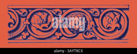 Ein dekoratives Muster mit wirbelnden Weinstöcken und Blumenmotiven, mit komplizierten Blumen- und Blättermotiven, die in einer sich wiederholenden Sequenz angeordnet sind. Assyrisches und persisches Ornament Klassische Kunst mit modernem Touch, neu interpretiert von Artotop Stockfoto