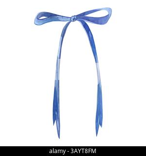 Elegante blaue Schleife aus dünnem Satin-Band mit langen Enden, handbemalt mit Aquarell. Aquarellabbildung. Perfekt zum Bedrucken von Karten Stockfoto