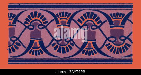 Ein kompliziertes Design mit sich wiederholenden floralen Motiven, die mit eleganten Kurven verwoben sind und ein harmonisches und rhythmisches Muster schaffen. Satte Farben unterstreichen die dekorativen Elemente. Griechische Ornamente und etruskische Ornamente Klassische Kunst mit modernem Touch, neu gestaltet von Artotop Stockfoto