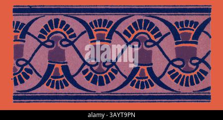 Ein dekoratives Muster mit ineinander verschlungenen Reben und Blumenmotiven, das ein kompliziertes Design mit sich wiederholenden Elementen in Kontrastfarben zeigt. Griechische Ornamente und etruskische Ornamente Klassische Kunst mit modernem Touch, neu gestaltet von Artotop Stockfoto