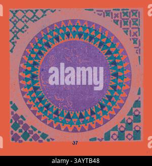 Ein lebendiges abstraktes Design mit einem kreisförmigen Motiv in der Mitte, umgeben von komplexen geometrischen Mustern und kräftigen Farben, wobei die Zahl „37“ am unteren Rand deutlich zu sehen ist. Byzantinisches Ornament Klassische Kunst mit modernem Touch, neu gestaltet von Artotop Stockfoto
