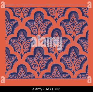Ein kompliziertes Muster mit stilisierten Blumenmotiven, die in einer Reihe von Bogenformen angeordnet sind, vor einem auffälligen roten Hintergrund. Das Design zeigt eine Mischung aus auffälligen und zarten Linien, die ein Gefühl von Tiefe und Rhythmus schaffen. Arabian Ornament Klassische Kunst mit modernem Touch, neu interpretiert von Artotop Stockfoto