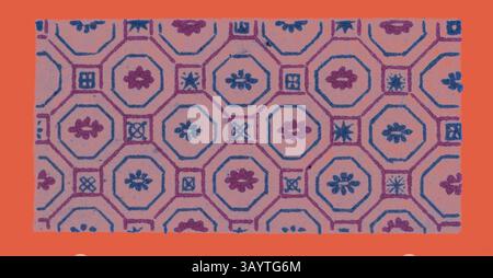 Ein lebendiges Textildesign mit einem sich wiederholenden Muster aus Achtecken und Blumenmotiven, verziert mit komplizierten Details in Lila- und Blautönen vor einem kontrastierenden Hintergrund. Chinesisches Ornament Klassische Kunst mit modernem Touch, neu gestaltet von Artotop Stockfoto