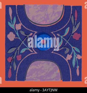 Ein lebendiges, abstraktes Design mit einem zentralen blauen Kreis, umgeben von komplizierten Blumenmotiven in Lila- und Grüntönen, vor einem warmen orangen Hintergrund. Renaissance Ornament Klassische Kunst mit modernem Touch, neu gestaltet von Artotop Stockfoto