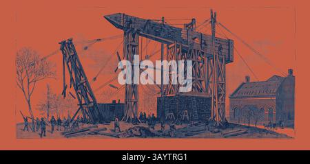 Eine große Bauszene mit einem hoch aufragenden Rahmen und Riemenscheiben, in der zahlreiche Arbeiter mit scheinbar schwerem Heben oder Bauen beschäftigt sind. Bäume und ein Gebäude sind im Hintergrund sichtbar, was auf eine industrielle Umgebung hinweist. New York: Die Methode, mit der der ägyptische Obelisk in seiner dauerhaften Position im Central Park, Januar, USA, spielte 1880 1881 klassische Kunst mit einem modernen Twist, der von Artotop neu interpretiert wurde Stockfoto