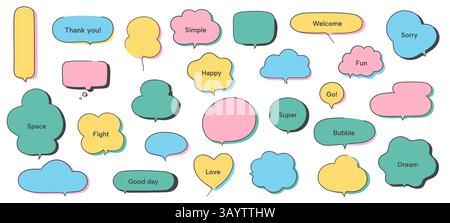 Einfaches Textfeld. Kritzeln Sie Textrahmen und Dialogbox-Sprechblasen mit Pfeilen für Comic-Nachrichten, farbenfrohe, niedliche Chat-Dialogfelder. Vektor Stock Vektor