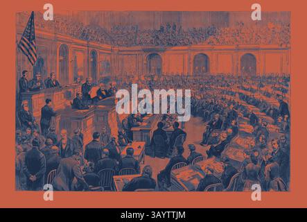 Eine historische Szene, die eine überfüllte Legislativkammer darstellt, mit Beamten, die auf einem Podium sprechen, und einem Publikum aufmerksamer Einzelpersonen. Die Atmosphäre vermittelt ein Gefühl der Ernsthaftigkeit und des Engagements im politischen Diskurs. Washington D.C.: The Official Count of the Electoral Vots for President and Vice-President, in the Hall of the Representatives, USA, graviert 1880 1881 klassische Kunst mit einem modernen Twist, der von Artotop neu interpretiert wurde Stockfoto