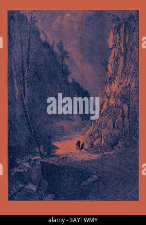 Eine ruhige Talszene mit zerklüfteten Klippen und gewundenen Pfaden. Eine einsame Figur bewegt sich entlang des Geländes, beleuchtet von einem sanften Licht, das durch die Bäume filtert und eine ruhige und besinnliche Atmosphäre schafft. Crawford Notch Gorge Vereinigte Staaten von Amerika Klassische Kunst mit modernem Touch, neu interpretiert von Artotop Stockfoto