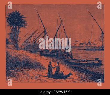 Eine ruhige Flussszene zeigt zwei Figuren, die in der Nähe eines Kamels interagieren, umgeben von traditionellen Booten mit hohen Segeln auf dem Wasser und üppigen Palmen im Hintergrund, die ein Gefühl historischer Ruhe wecken. BLICK AUF BOULAK, AUF DEN NIL, ÄGYPTEN. Klassische Kunst mit modernem Touch, neu interpretiert von Artotop Stockfoto