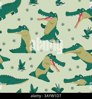 Niedliches Krokodilmuster. Alligatortiere nahtloser Druck, lustige Zeichentrickfiguren für kindliche Krokodile zum Einpacken von Papier, Reptiliengewebe Stock Vektor