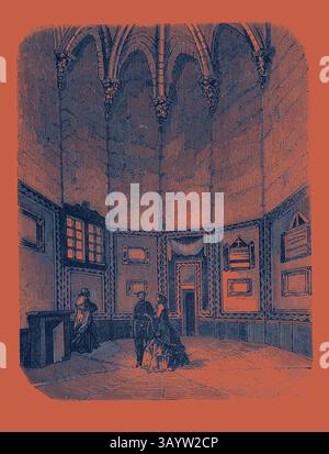 Ein großer Raum mit hohen Gewölbedecken ist mit komplexen architektonischen Details ausgestattet. Die Wände sind mit gerahmten Kunstwerken verziert, und zwei elegant gekleidete Figuren treffen sich in der Nähe eines Kamins. Die Atmosphäre vermittelt ein Gefühl von Geschichte und Raffinesse. Verlies von Vincennes, Zelle von Mirabeau. Gravur 1855 Klassische Kunst mit modernem Touch, neu gestaltet von Artotop Stockfoto