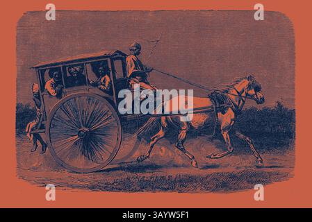 Eine Pferdekutsche fährt auf einem staubigen Pfad mit vier Passagieren im Inneren. Ein Fahrer hält die Zügel und führt das Pferd, während die Kulisse des offenen Landes die Bewegung und Energie der Szene verstärkt. Reisen in Madras Präsidentschaft. Kolonialindien die Madras-Präsidentschaft, offiziell die Präsidentschaft von Fort St. George und auch bekannt als Madras-Provinz, war eine Verwaltungseinheit Britisch-Indiens. In ihrem größten Umfang umfasste die Präsidentschaft viele Teile Südindiens, einschließlich des heutigen indischen Bundesstaates Tamil Nadu, der Region Malabar in Nord-Kerala, der Lakshadweep-Inseln und der Stockfoto