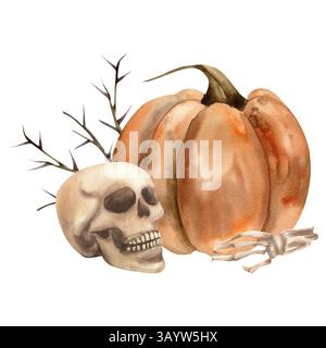 Halloween gruselige Komposition mit Orang Kürbis, Schädel und toter Hand mit floraler Aquarellillustration. Handgezeichneter gruseliger Clipart, Gothic und Esoteri Stockfoto