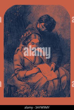 Eine junge Frau sitzt anmutig, in das Lesen eines Briefes vertieft, während ein junger Mann hinter ihr steht, sich eng hineinbeugt und einen Moment der Intimität und Verbindung teilt. Die Umgebung weckt ein Gefühl von Nostalgie und Romantik, verstärkt durch ihre aufmerksamen Ausdrucksformen und die sanften Kurven der Szene. Die Ballad Classic Kunst mit einem modernen Touch, neu gestaltet von Artotop Stockfoto