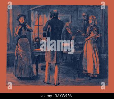 Eine Szene aus der viktorianischen Ära zeigt eine Gruppe elegant gekleideter Personen, die sich in Gesprächen engagieren. Eine Frau in einem stilvollen Kleid passt ihren Hut an, während eine andere Dame Gesten macht, als ob sie einen wichtigen Punkt teilt. Ein Mann steht mit dem Rücken zum Betrachter, und eine andere Person beobachtet aufmerksam die Interaktion und schafft eine Atmosphäre der Neugier und Intrige. Innenraum, Gravur 1884, Leben in Großbritannien, Großbritannien, Großbritannien, British, Europa, Großbritannien, Großbritannien, Großbritannien, Europäische Klassische Kunst mit einem modernen Twist, der von Artotop neu gestaltet wurde Stockfoto