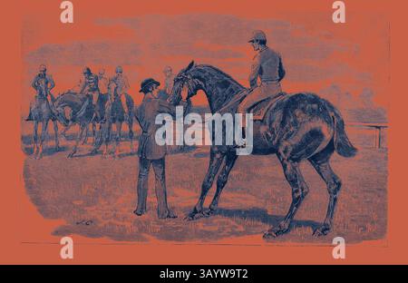 Ein Mann in formeller Kleidung spricht mit einem berittenen Offizier, während mehrere Soldaten zu Pferd im Hintergrund beobachten. Die Szene fängt einen Moment der Interaktion und Vorbereitung in einer militärischen Umgebung ein. Pferd, Gravur 1884, Leben in Großbritannien, Großbritannien, Großbritannien, Britisch, Europa, Vereinigtes Königreich, Großbritannien, Europa, Kunst, Künstler, Pferd Klassische Kunst mit einem modernen Touch, neu interpretiert von Artotop Stockfoto