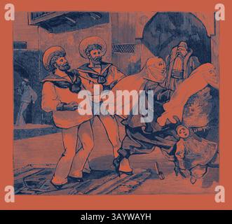 Zwei Seeleute in traditioneller Kleidung setzen sich freudig mit einer Frau in fließendem Kleid auseinander, die scheinbar tanzt oder spielerisch mit ihnen interagiert. Im Hintergrund beobachtet eine Figur die Szene und trägt zur lebhaften Atmosphäre eines belebten Ortes bei. Wir verfolgen die Native Ladies und gravieren 1884 klassische Kunst mit einem modernen Touch, der von Artotop neu interpretiert wurde Stockfoto