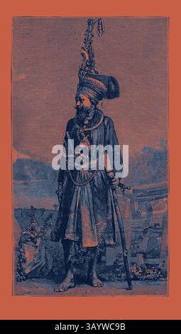 Eine majestätische Figur steht selbstbewusst in raffinierter traditioneller Kleidung, mit kompliziertem Schmuck und einem auffälligen Kopfschmuck. Die Figur, die einen Stab hält, strahlt eine Atmosphäre von Autorität und kulturellem Reichtum aus, vor einem strukturierten Hintergrund, der die historische Atmosphäre der Szene unterstreicht. Baupara Nagas, von der östlichen Grenze Indiens, Gravur 1884 Klassische Kunst mit einem modernen Twist, der von Artotop neu entworfen wurde Stockfoto