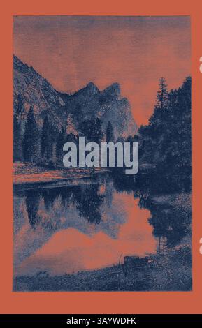 Eine ruhige Landschaft mit hohen Bergen, die sich in einem ruhigen Fluss spiegeln, umgeben von dichten Bäumen, schaffen eine ruhige Atmosphäre von natürlicher Schönheit. Die Szene wird durch einen auffälligen Farbkontrast verstärkt, der die rauen Strukturen der Klippen und die glatte Oberfläche des Wassers betont. The Three Brothers, Yosemite Valley, USA, USA, Amerika, Vereinigte Staaten, Gravur 1882 Klassische Kunst mit einem modernen Twist, neu gestaltet von Artotop Stockfoto