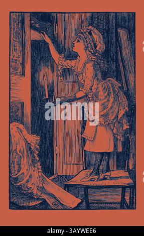 Eine junge Frau in einem Vintage-Kleid greift nach etwas auf einem Regal, hält eine zündete Kerze in einer Hand und balanciert auf einem Hocker. Die Szene ist intim und fängt einen Moment der Neugier und des Lichts in einem gemütlichen, schwach beleuchteten Raum ein. Rosy von Mrs. Molesworth, Gravur 1882 Klassische Kunst mit einem modernen Touch, neu interpretiert von Artotop Stockfoto