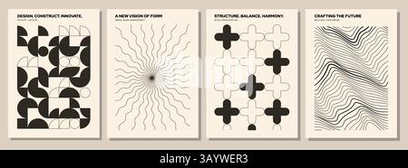 Schwarze Poster mit geometrischen Formen. Abstrakter Hintergrund mit einfachem rundem Kreuz und geometrischen Formen des bauhauses, zeitgenössisches geometrisches Druckdesign Stock Vektor