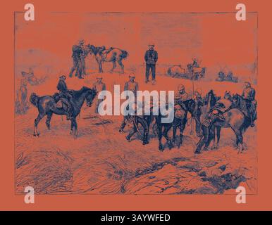 Eine Gruppe von Individuen, einige auf Pferden, versammelt sich in einer zerklüfteten Landschaft und zeigt eine Mischung aus Aktivität und Kameradschaft. Sie haben verschiedene Aufgaben, mit Pferden, die in der Nähe stehen, während einige Figuren die Szene beobachten und einen Moment der Interaktion in einer historischen Umgebung hervorheben. Der verstorbene Prinz Louis Napoleon, die Wiederherstellung des Körpers im Tal von Ilyotozi, Gravur 1879 Klassische Kunst mit einem modernen Twist, neu interpretiert von Artotop Stockfoto