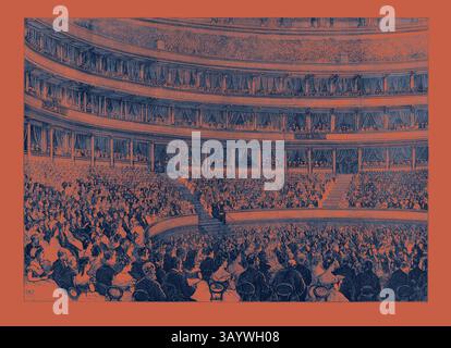 Ein belebtes Theater mit aufmerksamem Publikum, in mehrstufigen Reihen, die eine Vorstellung auf der Bühne beobachten und eine Atmosphäre der Vorfreude und Spannung schaffen. The Royal Albert Hall on a State Anlässe, London, UK Klassische Kunst mit einem modernen Touch, neu interpretiert von Artotop Stockfoto