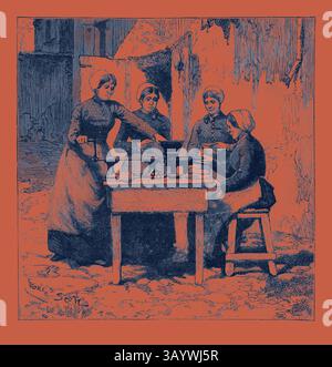 Eine Gruppe von Frauen nimmt an verschiedenen Aktivitäten rund um einen Tisch Teil und arbeitet an Aufgaben im Zusammenhang mit dem Kochen oder der Zubereitung von Speisen in einer rustikalen Umgebung im Freien zusammen. Ihre fokussierten Ausdrucksformen und Bewegungen deuten auf ein Gemeinschaftsgefühl und gemeinsame Ziele hin. Swiss Dynamite Manufaktur auf Isleten: Explosives Gum Cartridges klassische Kunst mit einem modernen Twist, neu interpretiert von Artotop Stockfoto