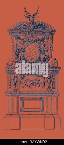 Ein kunstvoller dekorativer Schrank mit aufwändigen Schnitzereien, kunstvollen Reliefs von Tieren und einem zentralen Medaillon, das eine historische Szene darstellt, alle gekrönt von einem majestätischen Hirschschädel. Das Design besticht durch eine Mischung aus klassischer Kunst und opulenten Details. Klassisches Design mit modernem Touch, neu interpretiert von Artotop Stockfoto