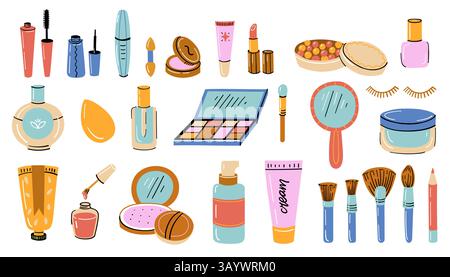 Kosmetische Kritzelsymbole. Make-up Kosmetik und Hautpflege Elemente, Mode Beauty Produkte Lippenstift nagellack Mascara Creme, Kosmetik Behandlung Stock Vektor