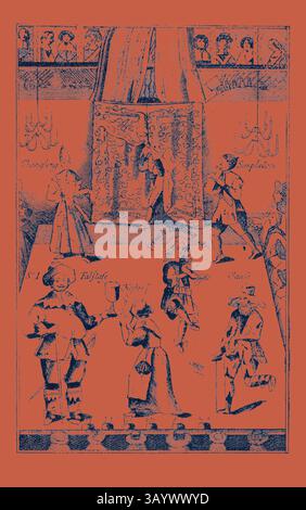 Eine Theaterszene mit elegant gekleideten Charakteren in einer großen Umgebung, in der verschiedene Ausdrucksformen und Posen vertreten sind, umgeben von dekorativen Elementen und einem Wandteppich im Hintergrund. Bühne des Red Bull Theatre während des Commonwealth, London, Großbritannien, 1893 Gravur klassischer Kunst mit einem modernen Twist, der von Artotop neu gestaltet wurde Stockfoto