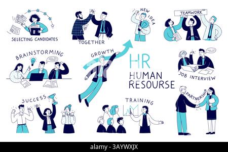 Kritzeln Sie die Humanressourcen. Business People Team und Mitarbeiter Personalrekrutierung, Business Work Career Growth und People Skills Development Konzept Stock Vektor