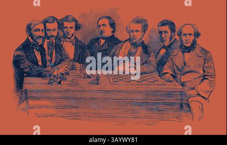 Eine Gruppe angesehener Männer in formeller Kleidung sitzt um ein Schachbrett, in einer durchdachten Diskussion und stellt ihre intellektuelle Kameradschaft vor. Chess Prominente beim späten Schachtreffen, 14. Juli 1855, Herr Lowenthal, M. de Riviere, Mr. Wyvill, M.P., Mr. Falkbeer, Mr. Staunton, Lord Lyttelton, Captain Kennedy Klassische Kunst mit einem modernen Touch, neu gestaltet von Artotop Stockfoto
