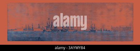 Eine geschäftige Hafenszene voller verschiedener Segelschiffe, die ihre Masten und Segel vor einem auffälligen Hintergrund zeigen, begleitet von einem Fernblick auf ein prominentes Gebäude entlang der Küste. Die russische Marine in Cronstadt, entworfen aus der Paddle Box der H.M.S. 'Merlin' Classic Kunst mit einem modernen Twist, der von Artotop neu interpretiert wurde Stockfoto