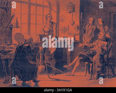 Eine Gruppe von Männern führt eine lebhafte Diskussion in einem Workshop voller Instrumente und Werkzeuge, während ein Mann ein Gerät demonstriert, das den Geist der wissenschaftlichen Forschung und Innovation der Epoche veranschaulicht. James Watt in seinem Small Workshop in Glasgow Klassische Kunst mit einem modernen Twist, neu interpretiert von Artotop Stockfoto