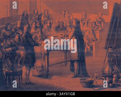 Eine Gruppe von Personen beobachtet eine Präsentation aufmerksam, wobei eine Person an der Spitze steht. Der Moderator scheint etwas auf einem Tisch zu demonstrieren, während das Publikum, das um ihn herum sitzt, an der Diskussion beteiligt ist und eine Mischung aus Neugier und Konzentration zeigt. Auf dem Tisch sind verschiedene Werkzeuge und Materialien sichtbar, die auf eine wissenschaftliche oder künstlerische Demonstration hinweisen. Joseph Black führt das Experiment der kalorischen Latenz vor Studenten der University of Glasgow Classic Art mit einem modernen Twist durch, der von Artotop neu interpretiert wurde Stockfoto