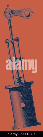 Eine komplizierte Abbildung eines mechanischen Geräts mit zylindrischem Sockel, aufrechten Stangen und einem markanten Armmechanismus, die die Eleganz der Vintage-Technik veranschaulichen. Oszillierende Maschine Klassische Kunst mit einem modernen Twist von Artotop neu interpretiert Stockfoto