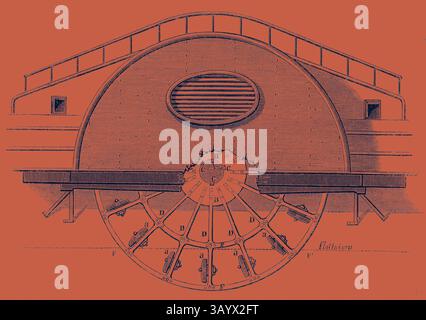 Eine detaillierte Abbildung einer großen, kreisförmigen mechanischen Vorrichtung mit einem markanten Rad mit gleichmäßig abgesetzten Segmenten. Die Struktur umfasst eine markante Lattenplatte und geschwungene Geländer, die komplexe Designelemente und technische Merkmale zeigen. Impeller einer klassischen Dampfschiffkunst mit einem modernen Touch, der von Artotop neu interpretiert wurde Stockfoto