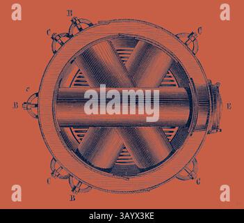 Eine komplizierte Abbildung eines mechanischen Geräts mit kreisförmigem Design mit sich schneidenden Komponenten, umgeben von einer Reihe präziser geometrischer Linien und Etiketten, die einen detaillierten technischen Entwurf vorschlagen. Horizontaler Querschnitt von M. Hermann-Lachapelles gekreuztem Kessel-Reboiler Klassische Kunst mit einem modernen Twist, der von Artotop neu interpretiert wurde Stockfoto