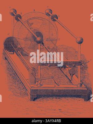 Eine detaillierte Abbildung einer mechanischen Vorrichtung mit einem drehbaren Rad, verbunden durch Stangen und Hebel, die die Prinzipien der Bewegung und Mechanik veranschaulichen. Holtz's Electric Machine Classic Art mit einem modernen Twist, neu interpretiert von Artotop Stockfoto