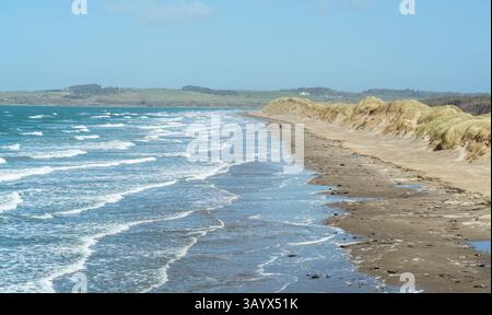 Blick auf den Strand von Penrhos von den Sanddünen, Anglesey, North Wales, Großbritannien. Aufgenommen am 30. März 2025. Stockfoto